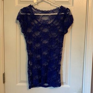 Women's Blue Lace Sheer T-Shirt with Stretch
